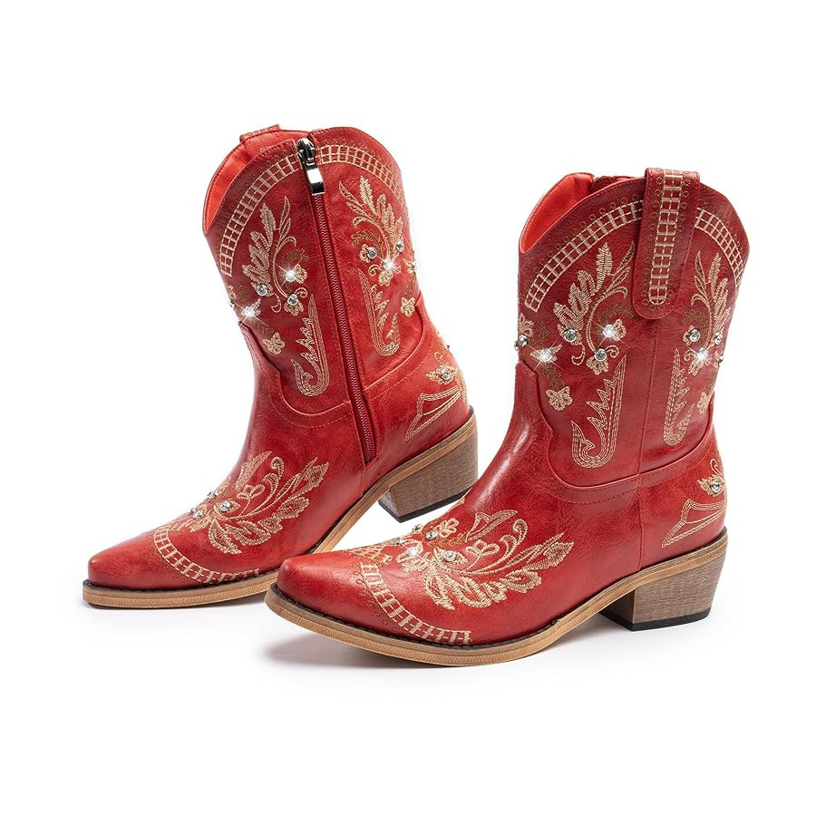 Cowboy Boots for Women, Cowgirl Boots with Sparkly Embroidered Rhinestones, Short Western Ankle B... | Amazon (US)