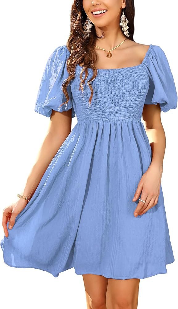 KOJOOIN Womens Summer Puff Sleeve Smocked Mini Dress Square Neck Off Shoulder Babydoll Dress | Amazon (US)