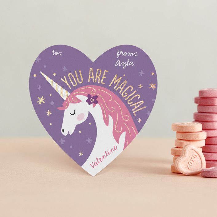 "Magical Valentine" - Customizable Foil-pressed Classroom Valentine's Day Cards in Purple by Jana... | Minted