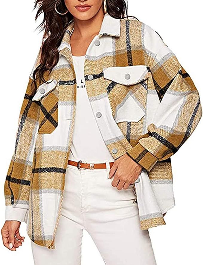 Firehood Women's Retro Oversized Plaid Shacket Jacket Loose Button Down Wool Blend Coat Shirt | Amazon (US)