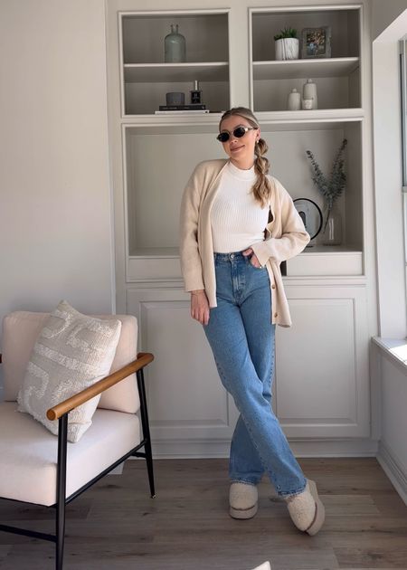 White tank top and jeans outfit for spring: mock neck sweater tank in M, jeans in 26L, cardigan in S, Uggs true to size.

#LTKSeasonal #LTKstyletip #LTKSpringSale