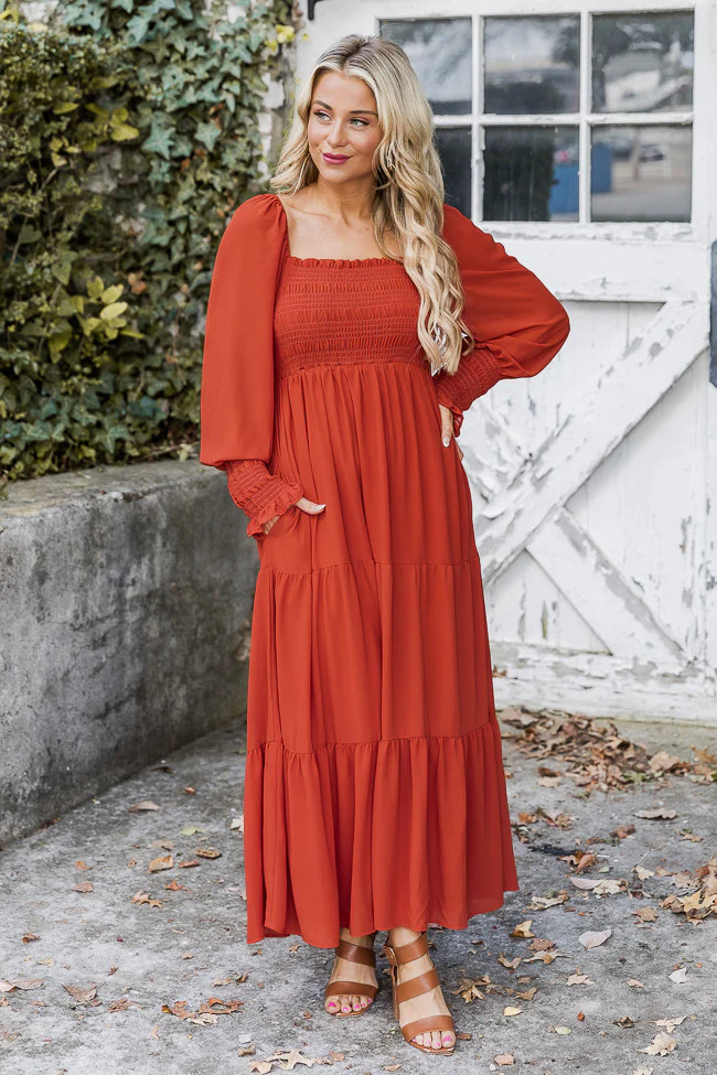 Momentary Phase Rust Smocked Bust Maxi Dress | Pink Lily