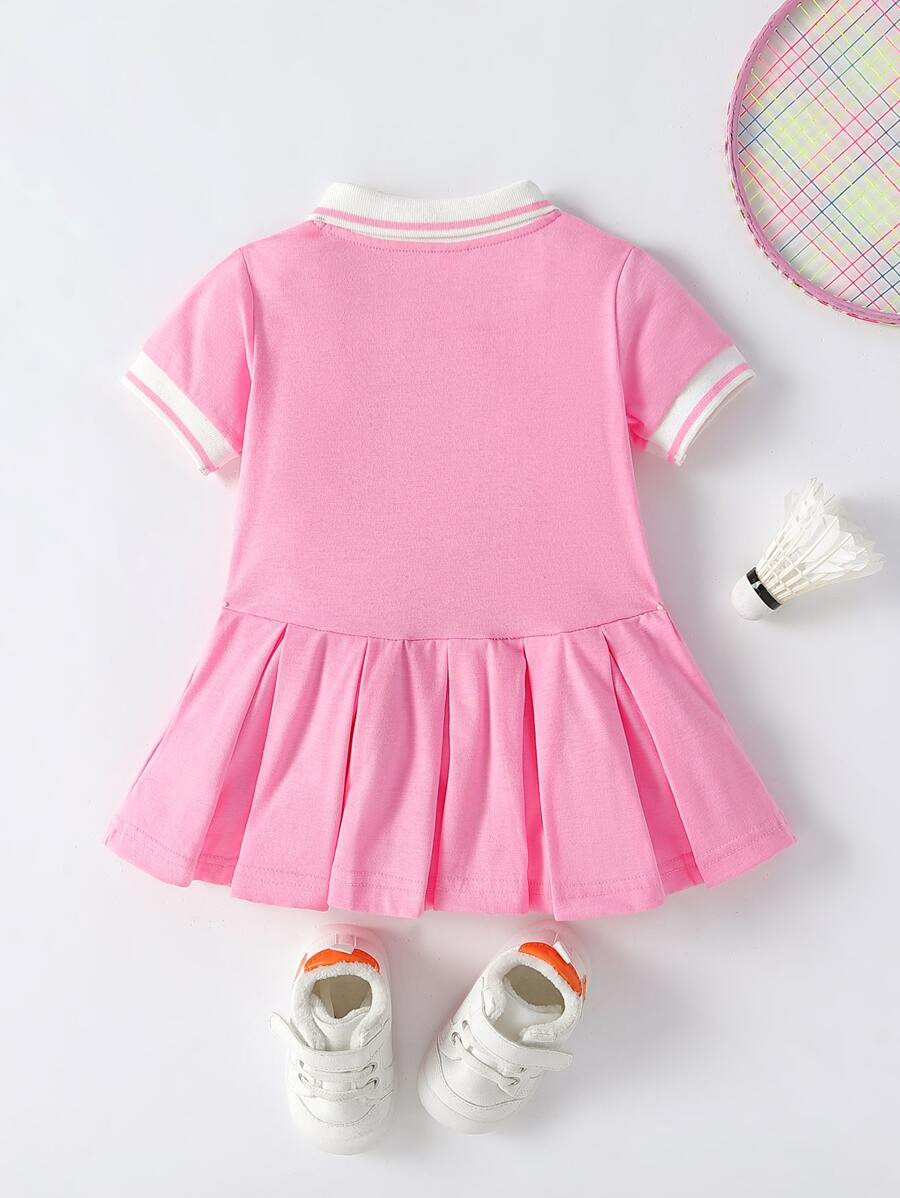 Baby Striped Trim Polo Neck Fold Pleated Dress | SHEIN