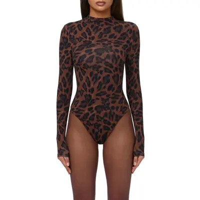 Naked Wardrobe Naked Snakeskin Print Long Sleeve Bodysuit in Bone Croc at Nordstrom, Size X-Small | Nordstrom