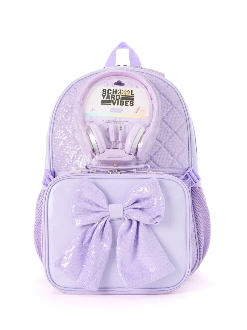 Schoolyard Vibes 17" Girls' Sequin Bow 3-Piece Kids Backpack Set with Headphones & Lunch Box, Pur... | Walmart (US)