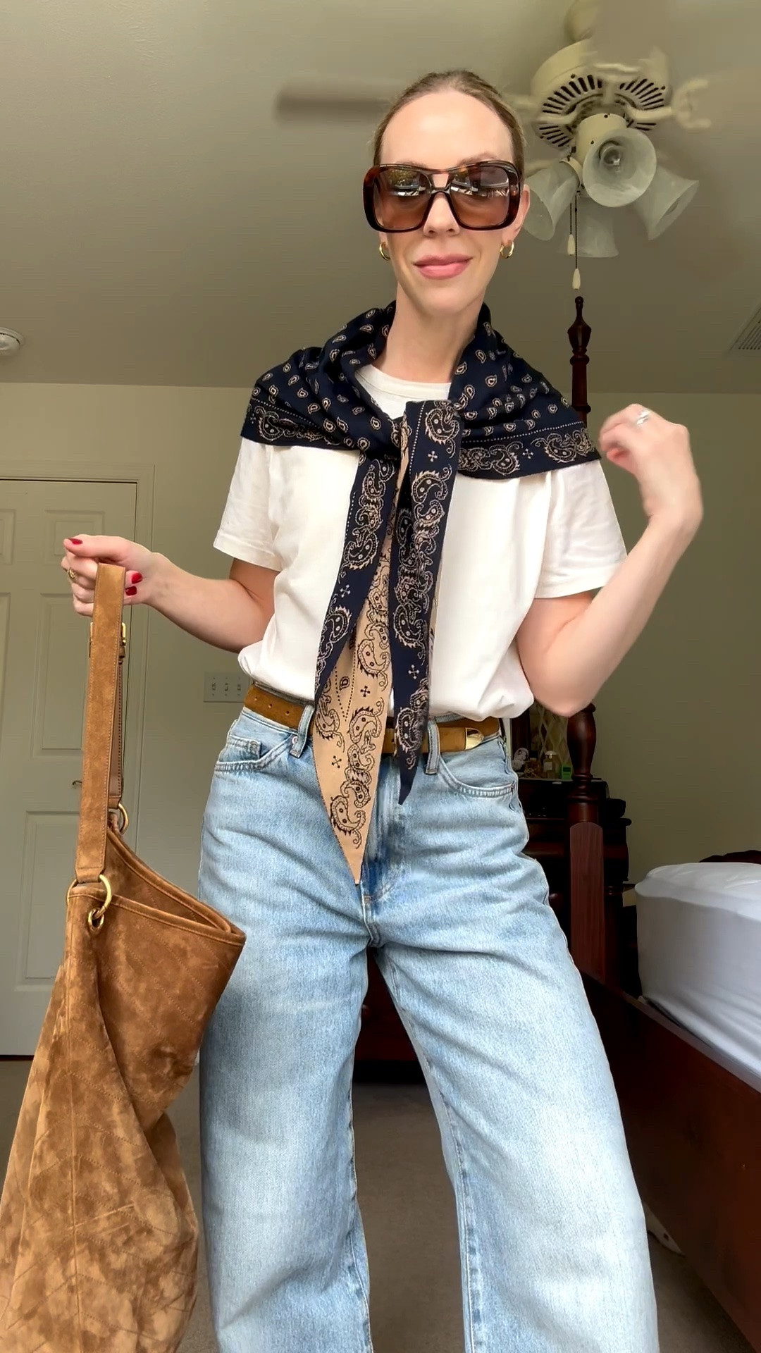 Bandana scarf outfit, early fall outfit, baggy cuffed jeans, suede bucket bag

#LTKSeasonal #LTKOver40 #LTKgrwm