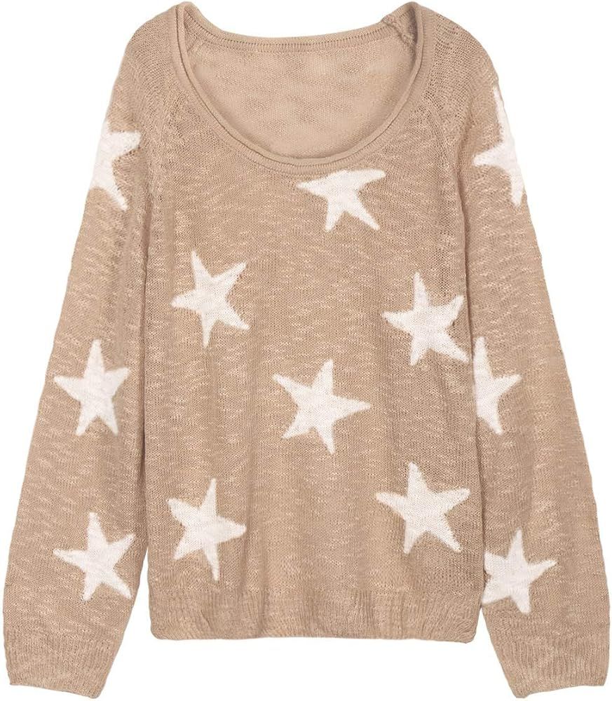 Women's Boat V Neck Long Sleeve Star Pullover Sweater Tunic Tops | Amazon (US)