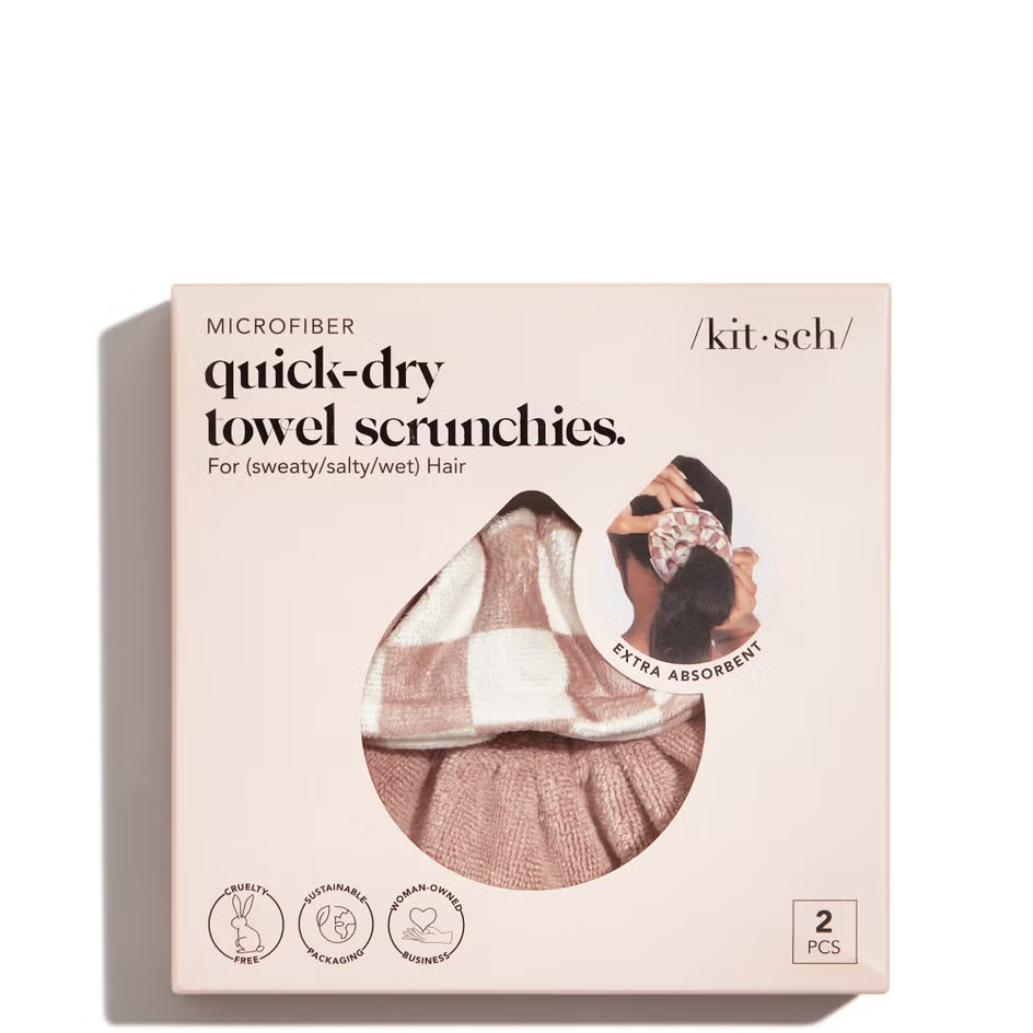 Kitsch Microfiber Quick-Dry Terracotta Checker Towel Scrunchies 2 Piece Set | Cult Beauty