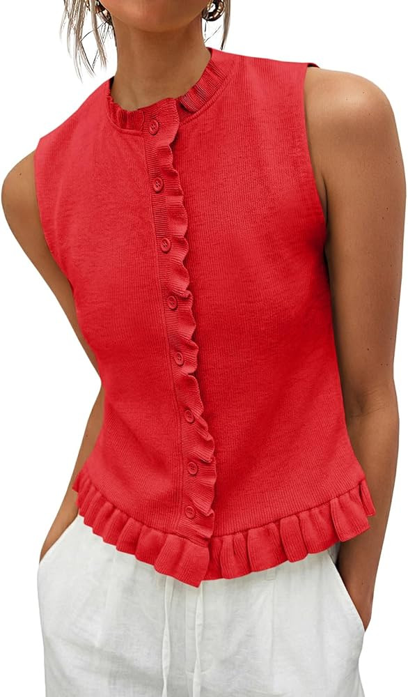 Saodimallsu Womens Sleeveless Sweater Vest Ruffle Button Down Knit Tank Top Summer Trendy Going O... | Amazon (US)
