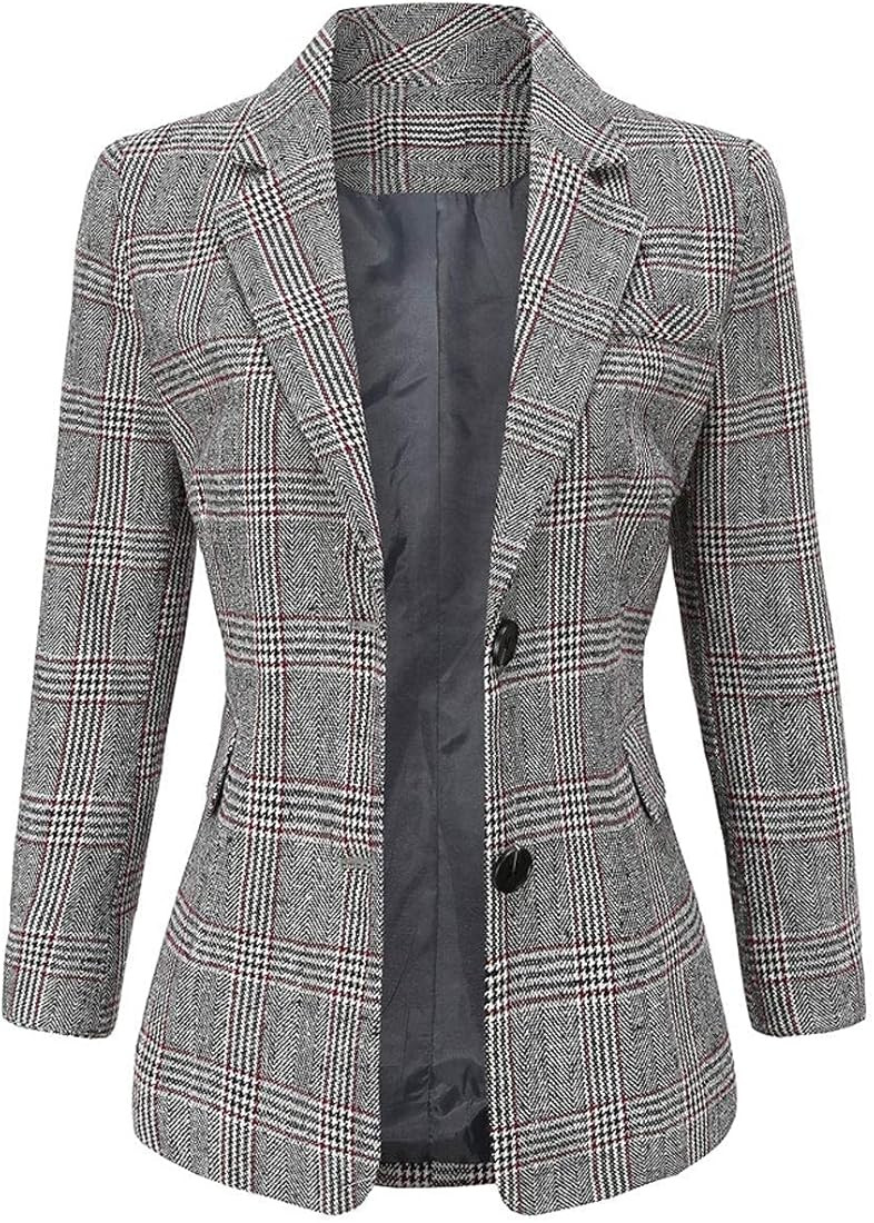 ebossy Women's Notch Lapel 2 Button Boyfriend Blazer Suit Houndstooth Plaid Jacket Coat | Amazon (US)