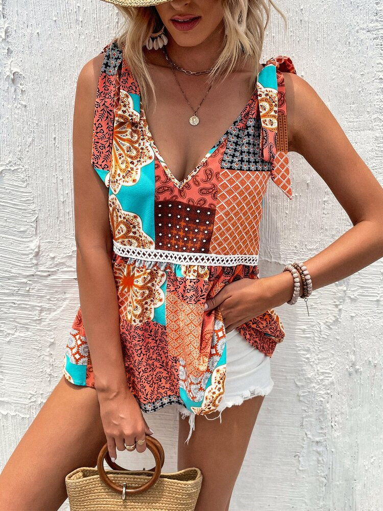 Patchwork Print Tie Shoulder Peplum Tank Top | SHEIN