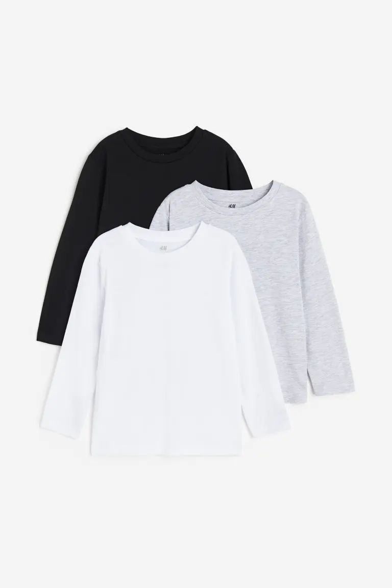 3-pack Long-sleeved T-shirts - Black/light gray melange - Kids | H&M US | H&M (US + CA)