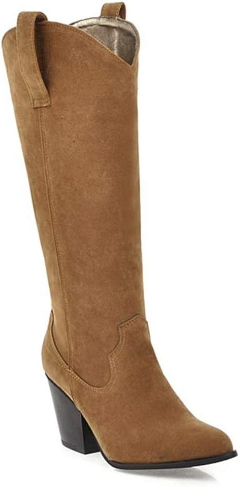 Women's Western Pointed Toe Knee High Boots Pull on Leather Chunky High Heel Cowgirl Cowboy Boots | Amazon (US)