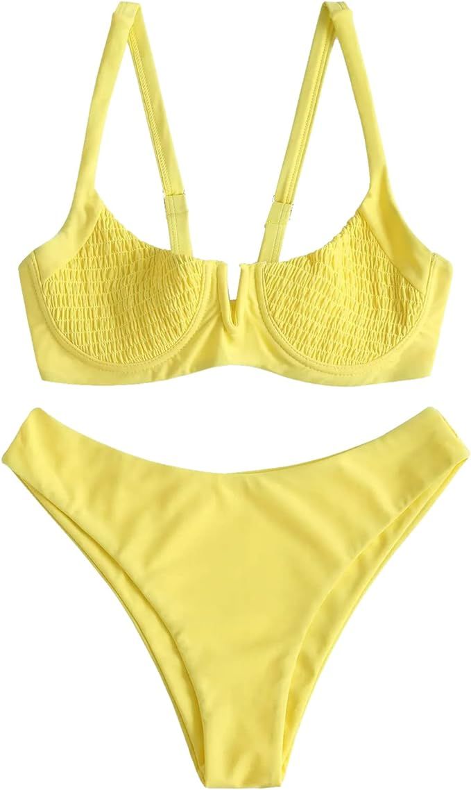 ZAFUL Women's V-Wired Shirred Smocked Ribbed Underwire Bikini Set Ruched High Cut Two Pieces Swim... | Amazon (US)