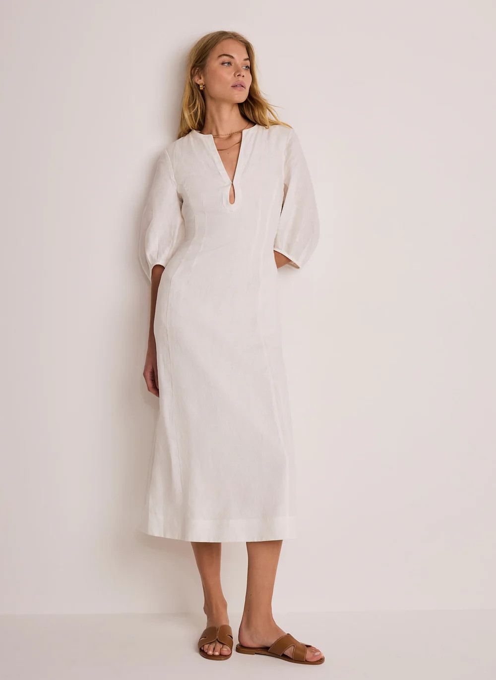 White Linen Puff Sleeve Midi Dress | Mint Velvet