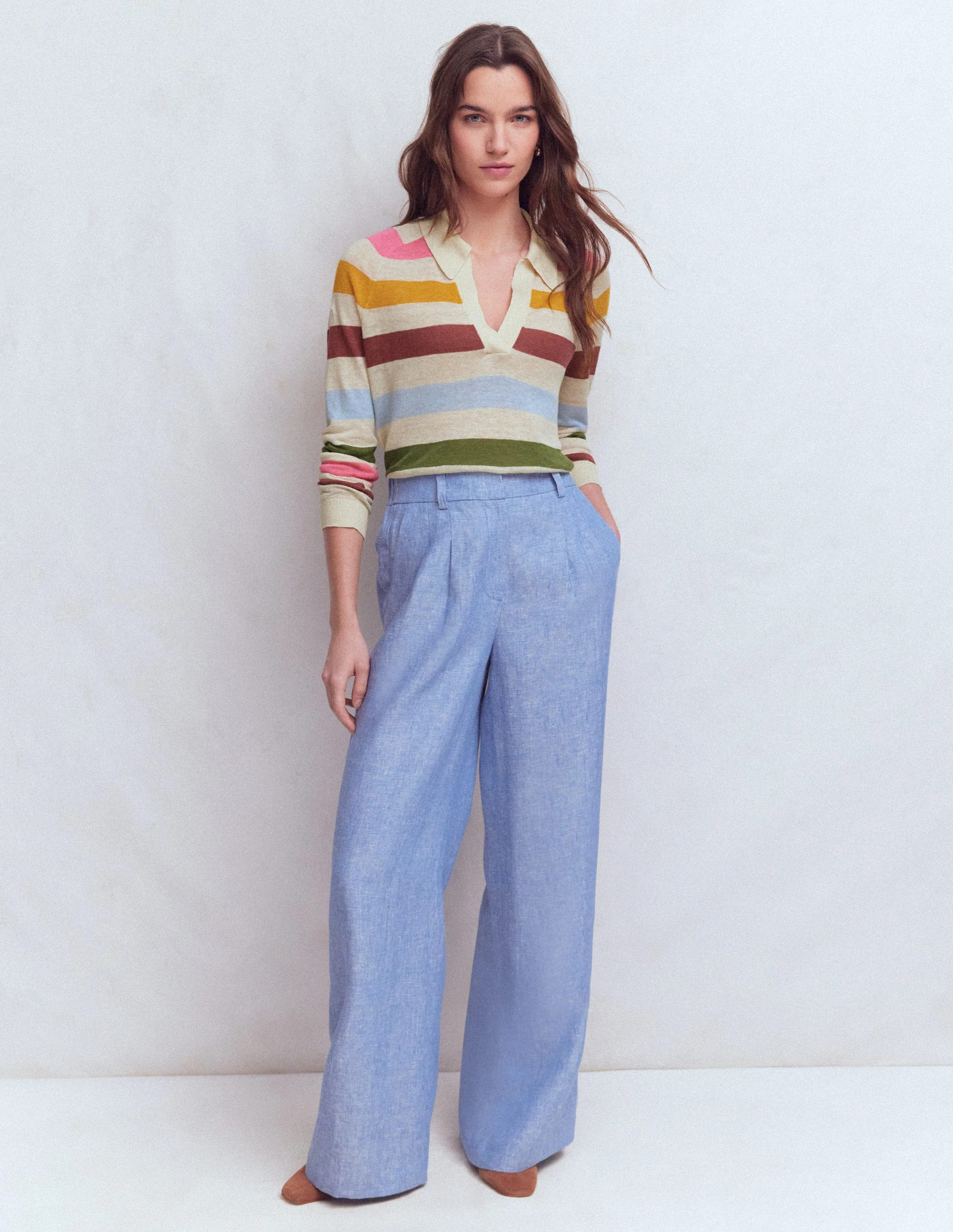 Agnes Collared Linen Jumper-Ivory, Pink, Green Multistripe | Boden UK