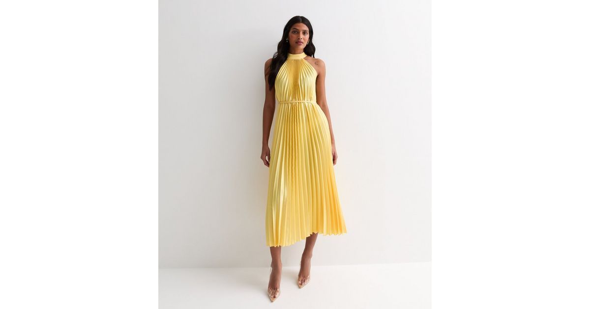 Pale Yellow Pleated Satin Halter Midi Dress | New Look | New Look (UK)