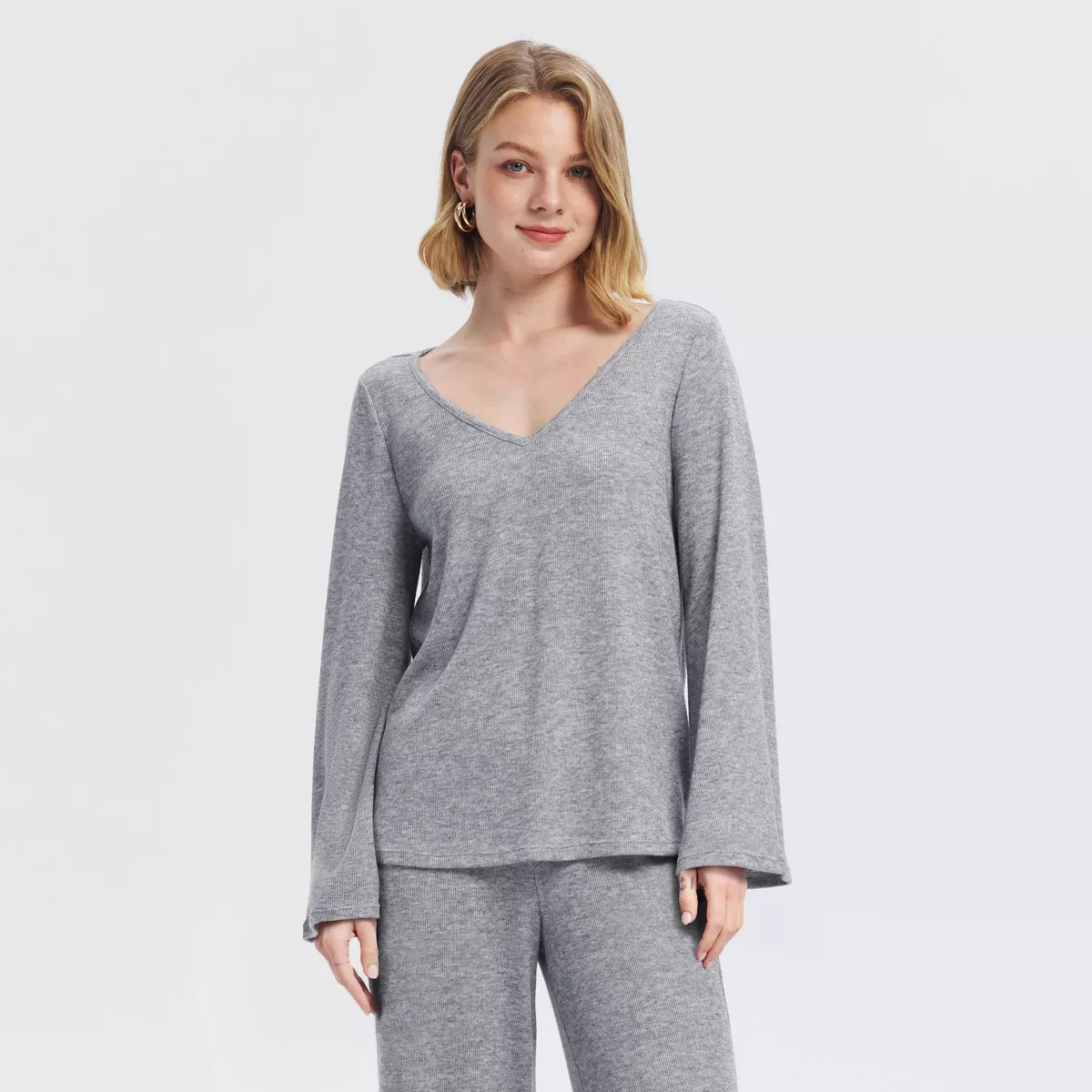 Women's Bell Long Sleeve Light Sweater Knit V-Neck Top - A New Day™ Heather Gray L | Target