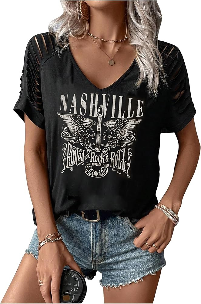 Rock Band T-Shirt for Women V-Neck Country Music Short Sleeved Shirt Retro Nashville Guitar Graph... | Amazon (US)