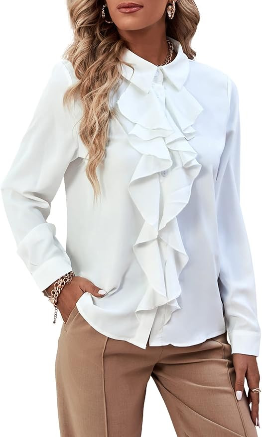 LYANER Women's Collar Neck Button Down Ruffle Front Long Sleeve Blouse Shirt Top | Amazon (US)