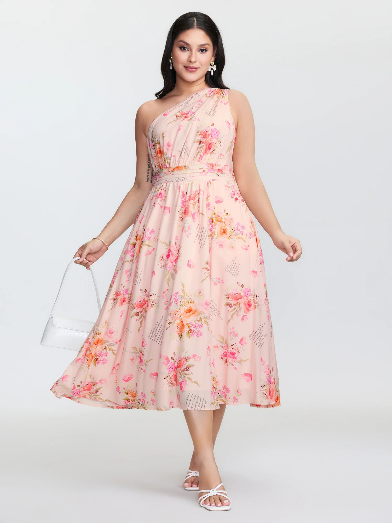 Letter Flower Print Shirred One-Shoulder Midi Dress | Bloomchic