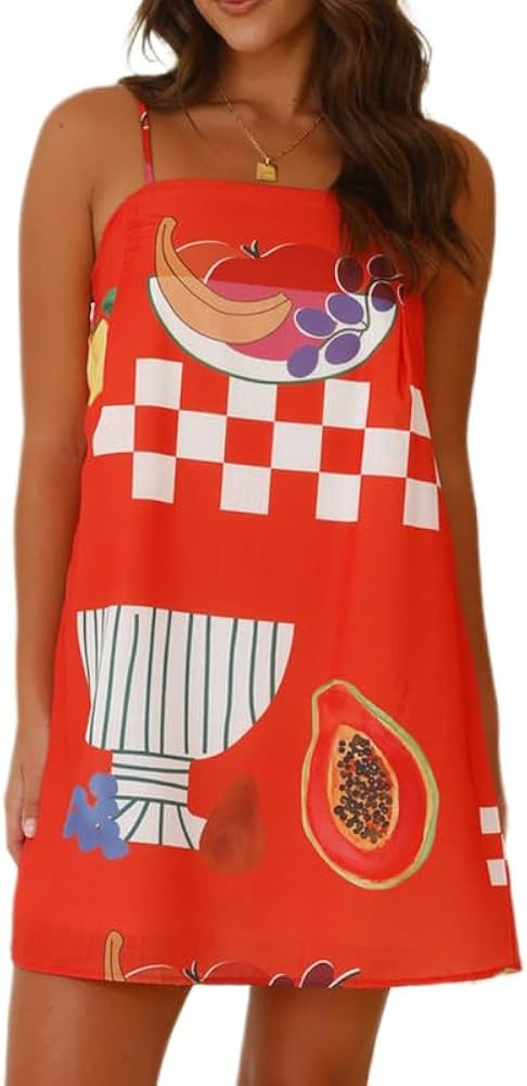 Women Boho Graffiti Cami Mini Dress Spaghetti Strap Printed A Line Short Dress Cute Colorful Sund... | Amazon (US)