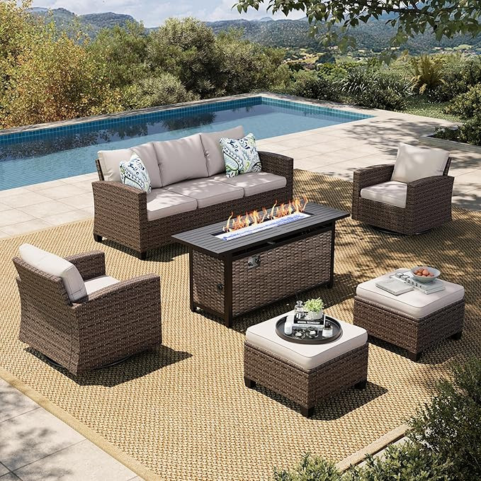 HERA'S HOUSE Swivel Glide Patio Furniture Set with 56" Fire Pit Table, 6 Pieces Outdoor Wicker Se... | Amazon (US)
