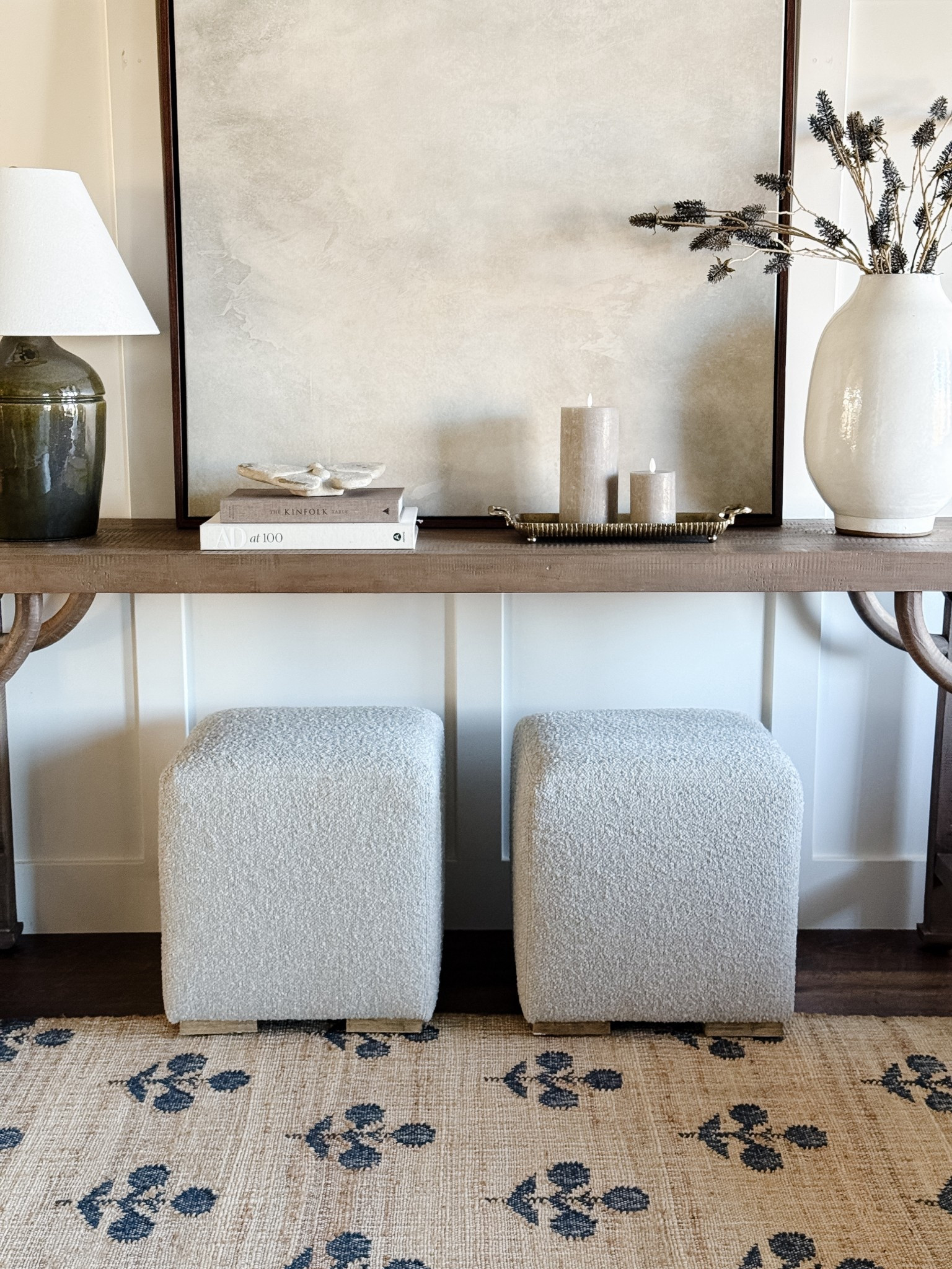 Entryway styling
Wool/Jute rug
Ottoman cubes
Neutral art

#LTKHome #LTKSaleAlert