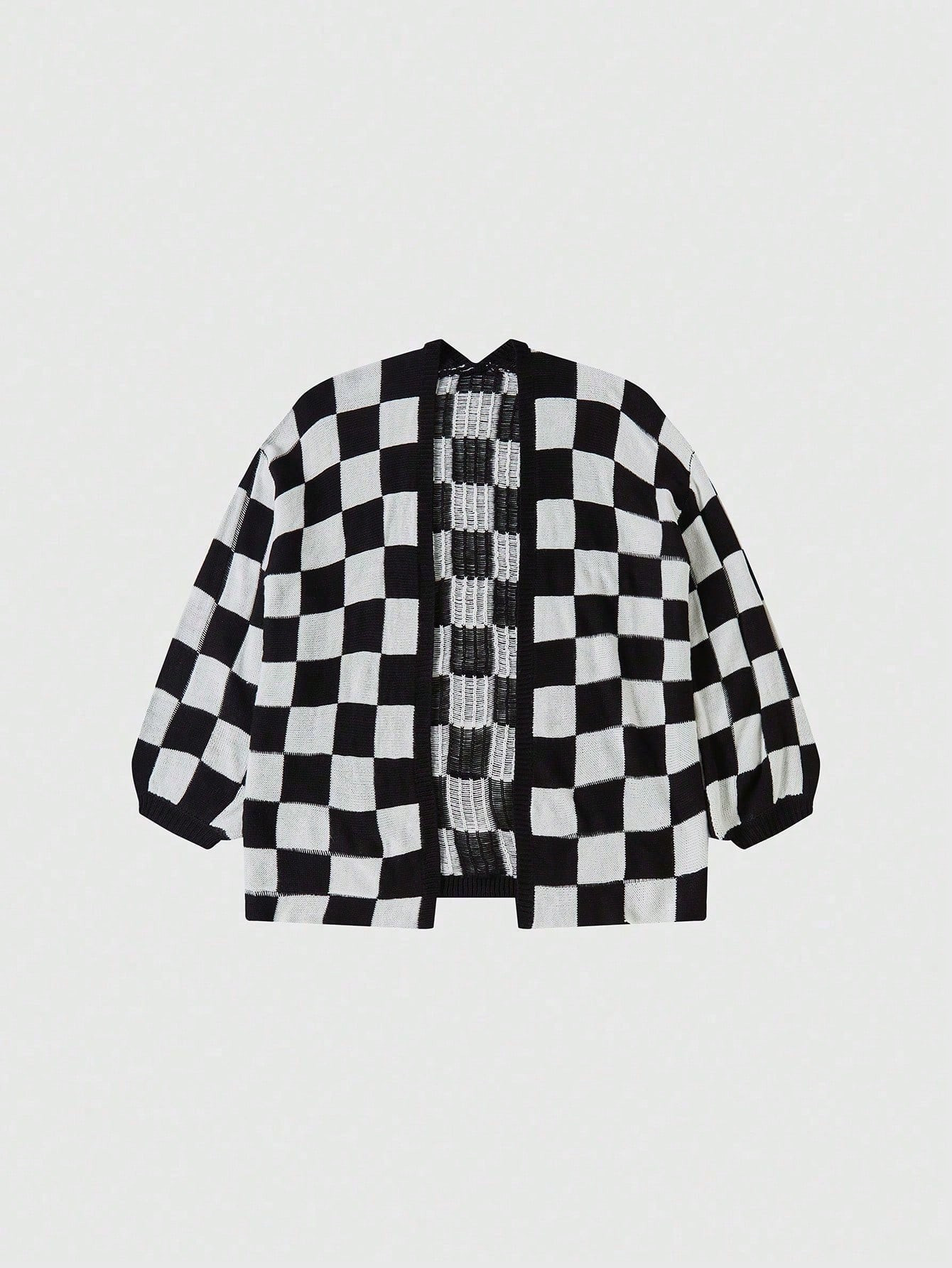 SHEIN Essnce Checked Drop Shoulder Cardigan | SHEIN