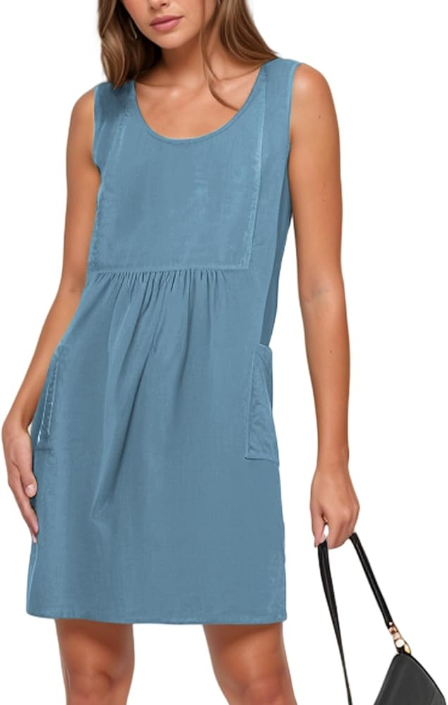 Watashi Women Summer Sleeveless Dress Casual Cotton Linen Sundress Midi Tunic Tank Beach Dress wi... | Amazon (US)