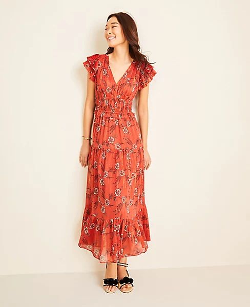 Shimmer Floral Flutter Sleeve Maxi Dress | Ann Taylor (US)