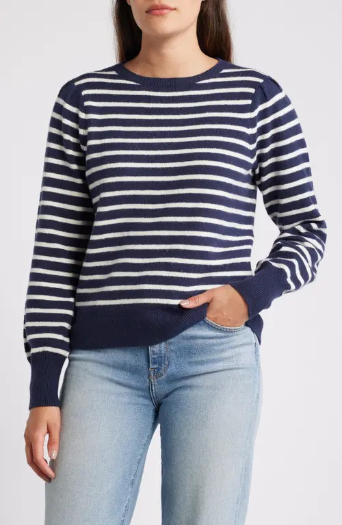caslon(r) Puff Sleeve Cotton Blend Crewneck Sweater in Navy- Ivory Pinstripe at Nordstrom, Size X... | Nordstrom