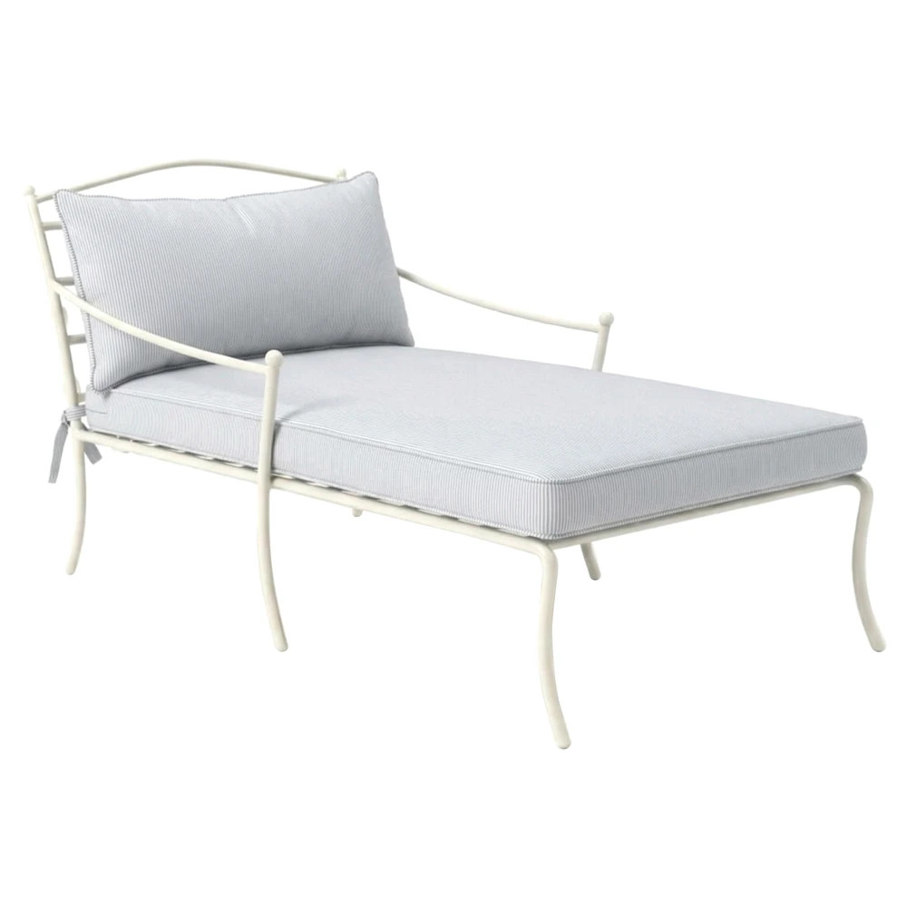 Clemence Sea Breeze Striped Sunbrella White Iron Outdoor Chaise | Kathy Kuo Home