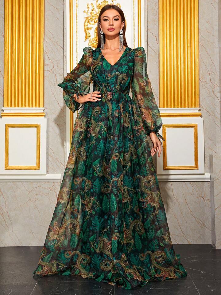 Giffniseti Allover Print Lantern Sleeve Chiffon Dress | SHEIN