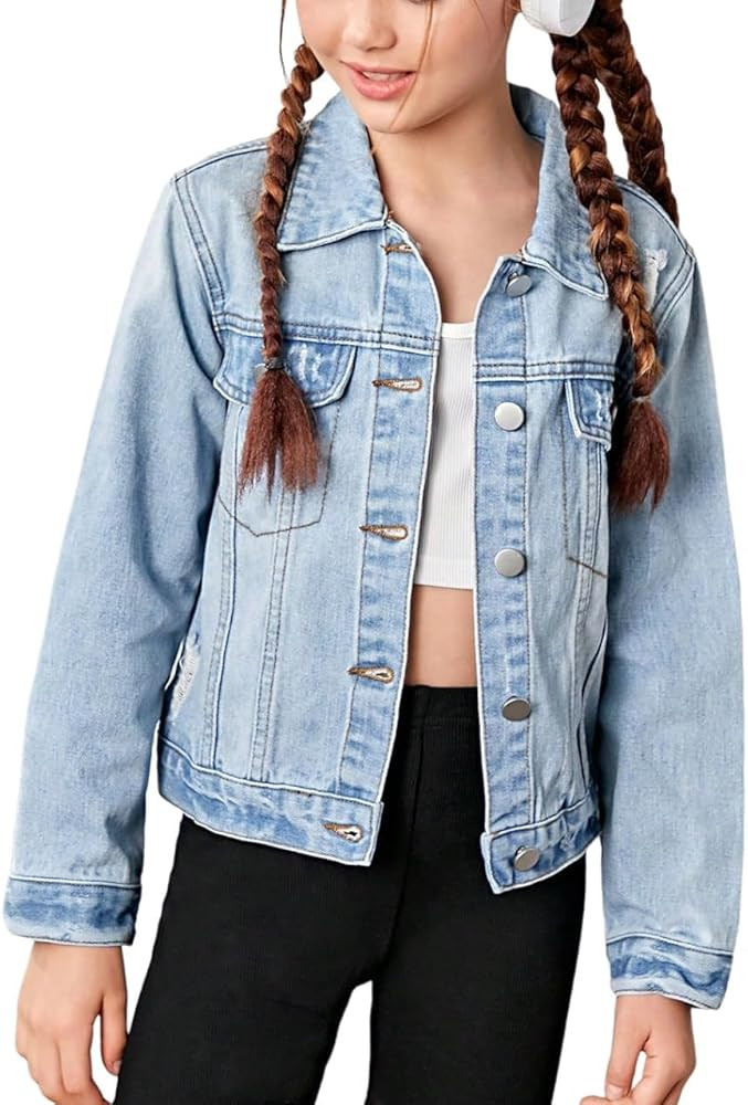 WDIRARA Girl's Ripped Flap Pocket Button Front Long Sleeve Collared Denim Jacket | Amazon (US)