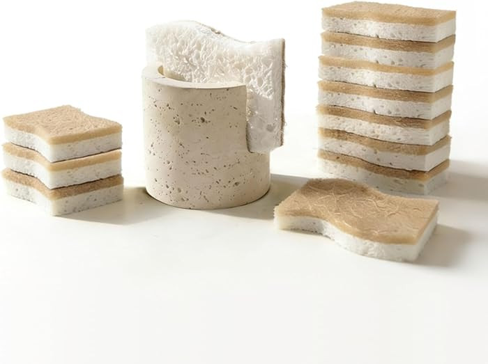 Stone Sponge Holder for Kitchen Sink with 12 Pack Biodegradable Kitchen Sponges, Natural Traverti... | Amazon (US)