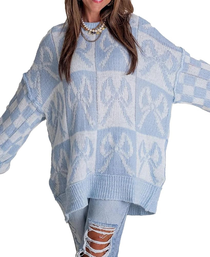 Melliflo Womens Oversized Checkered Sweater Long Puff Sleeve Drop Shoulder Knit Pullover Loose Fi... | Amazon (US)