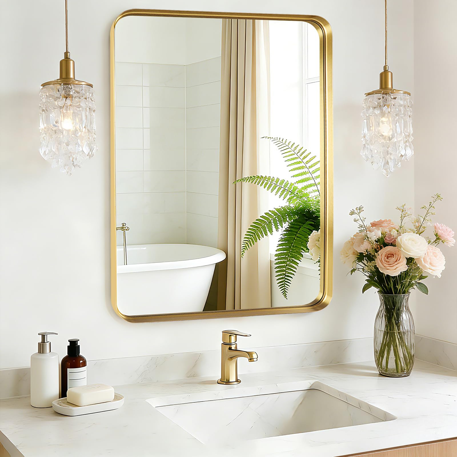 Bathroom Mirror - 28x36 Inch Wall Mirrors for Bathroom, Gold Frame Rectangle Vanity Mirror for Re... | Amazon (US)