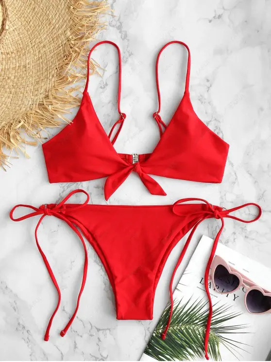 ZAFUL Knotted String Bikini Set   FIRE ENGINE RED GRAYISH TURQUOISE LIPSTICK PINK | ZAFUL (Global)