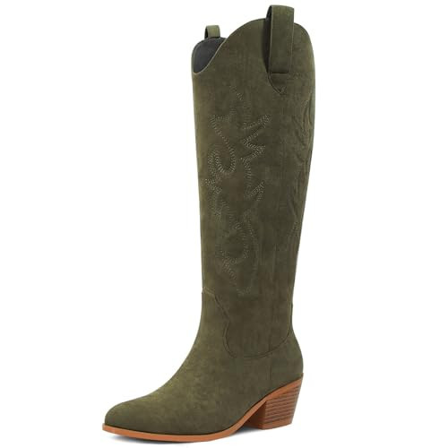 Cowboy Boots for Women Green Suede Knee High Cowgirl Boots Chunky Heel Pointed Toe Long Tall Western Boot Pull On (Green, Size 11) | Amazon (US)