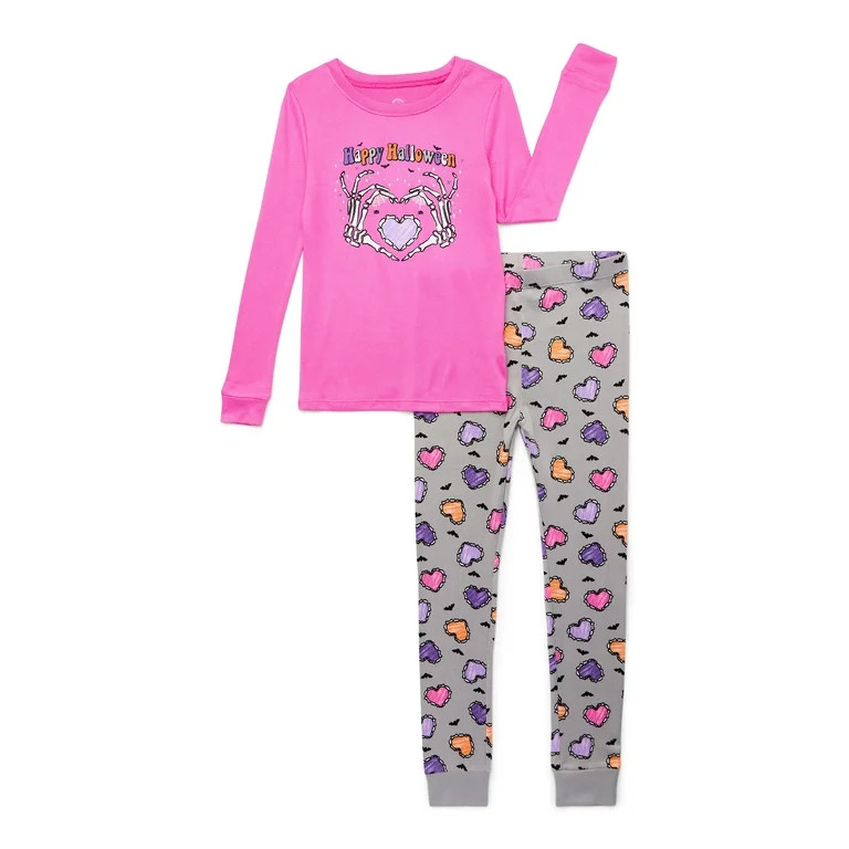 Wonder Nation Girls Halloween Tight Fit Long Sleeve Top and Pant 2 Piece Pajama Set, Sizes 4-10 | Walmart (US)