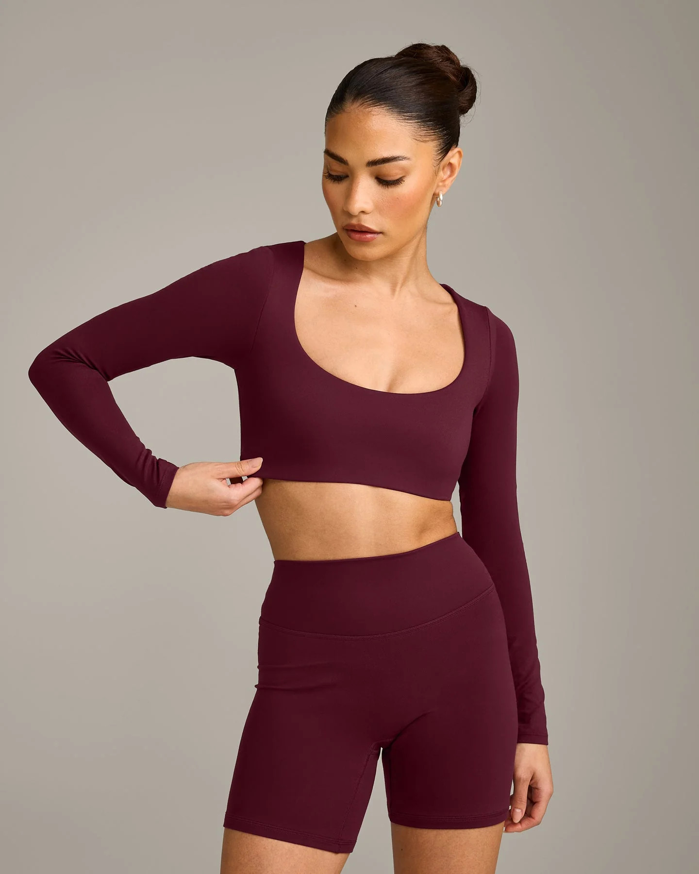 SoftMotion™ Scoop Neck Long Sleeve Crop Top with Built in Bra Shelf with Grey Logo 
 Cherry Lac... | Oner Active (UK / US)