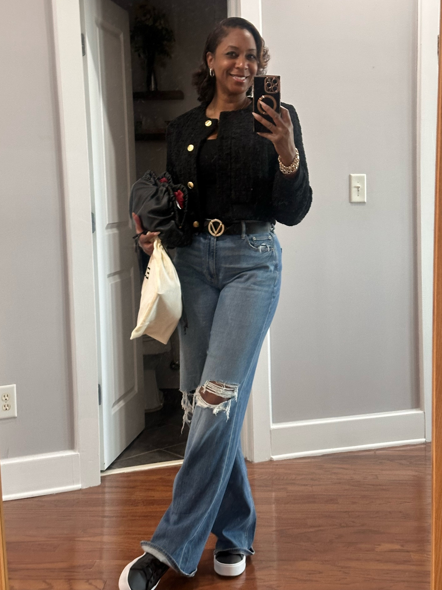Keeping it casual yet still classy and cute
Wide leg Denim & cropped jacket with platform tennis shoes 

#LTKOver40