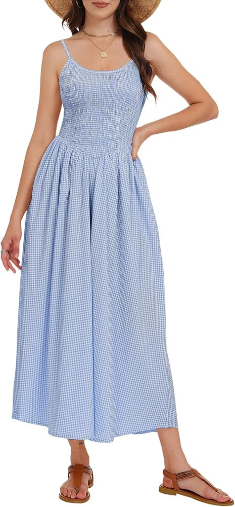 Relipop Women's Summer Midi Dresses 2026 Casual Plaid Sleeveless Spaghetti Strap Smocked Tiered B... | Amazon (US)