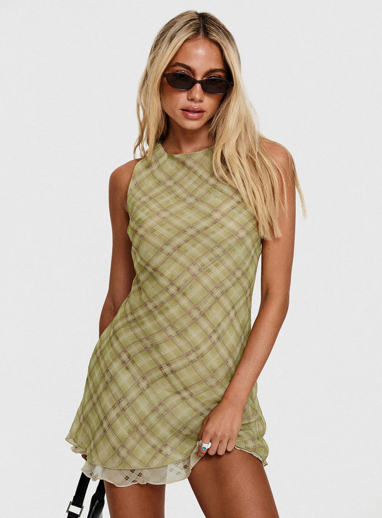 Buffie Shoulder Mini Dress Green Check | Princess Polly US