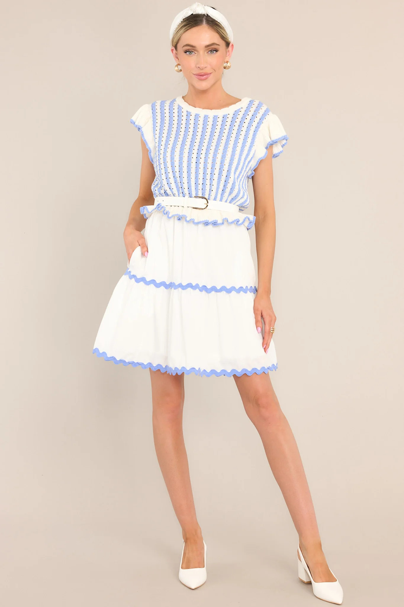 Treasured Times Light Blue Stripe Sweater Mini Dress | Red Dress