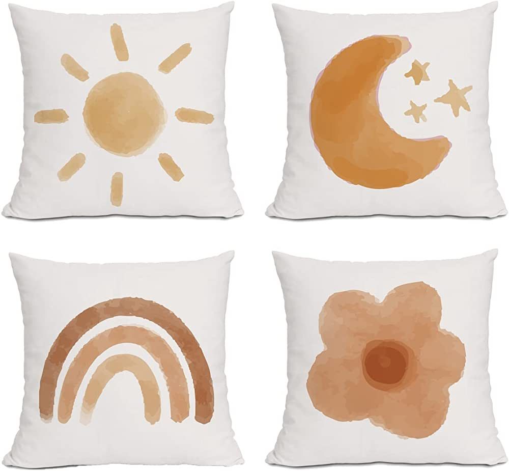18x18 Throw Pillow Cover Set of 4, Boho Sun and Moon Clouds and Rainbows Throw Pillow Case for Ho... | Amazon (US)
