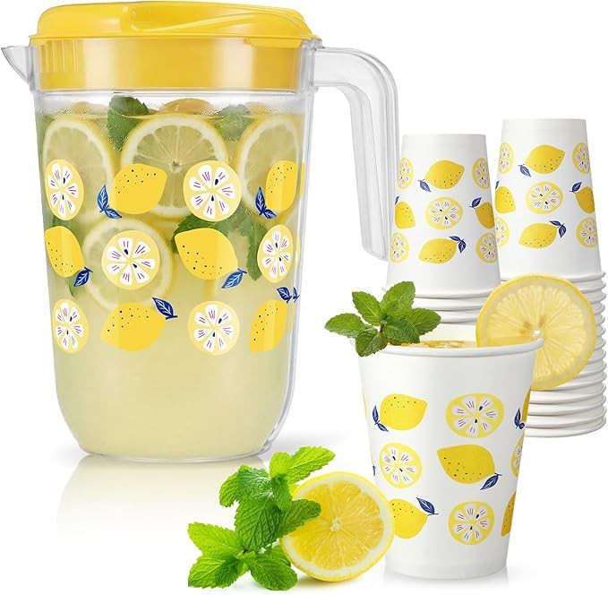Qinyoung 1 Gallon Lemon Plastic Drink Pitcher and 20 Pcs 12 oz Disposable Paper Party Cups Lemona... | Amazon (US)