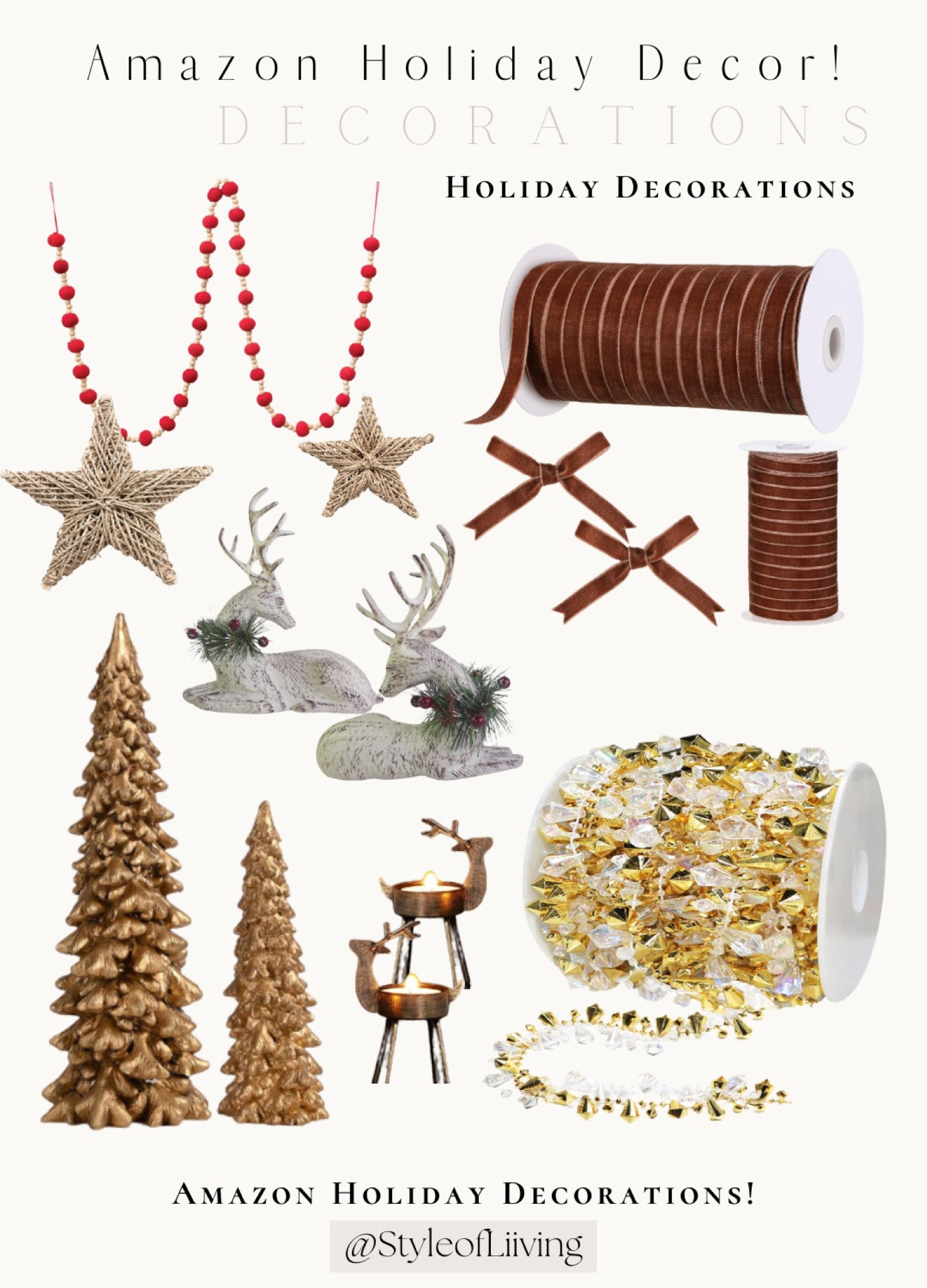 Holiday decorations from Amazon! Christmas decor. Christmas trees, ribbons, velvet, beaded garlands, rain deer, star ornaments, candle holders, mini trees tabletop decor.