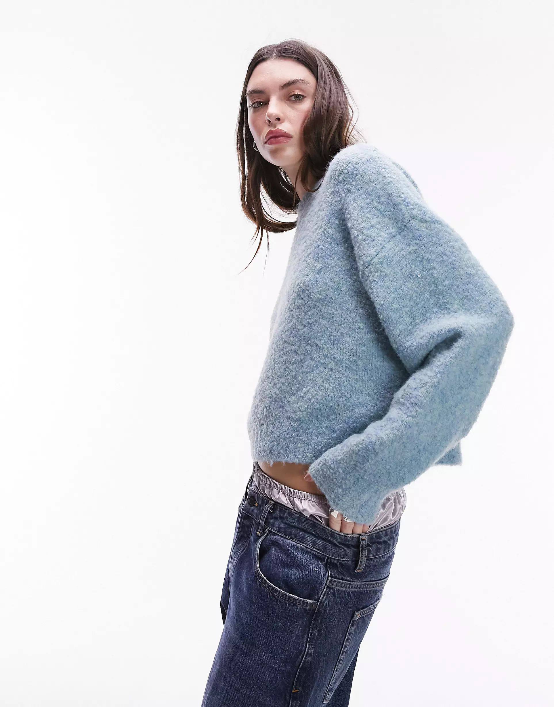 Topshop knitted boxy boucle jumper in light blue | ASOS | ASOS (Global)